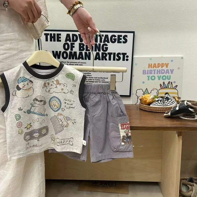 韩系男小童夏季新款满印可爱小狗印花撞色圆领上衣儿童潮背心