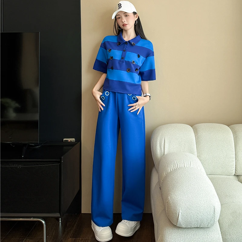 条纹短袖套装女装夏季薄款复古气质宽松阔腿裤时尚显瘦休闲两件套