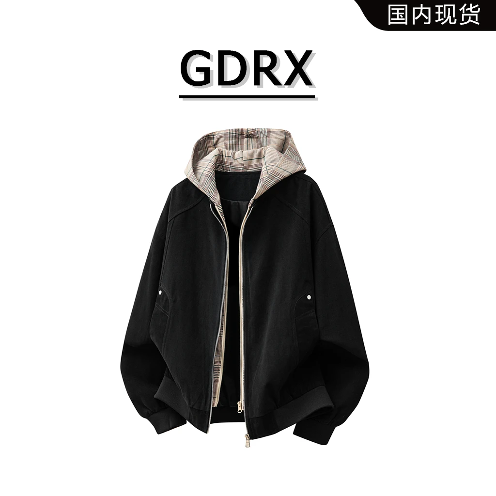 GDRX假两件连帽夹克男士秋季纯色时尚格子设计大码外套轻奢男装