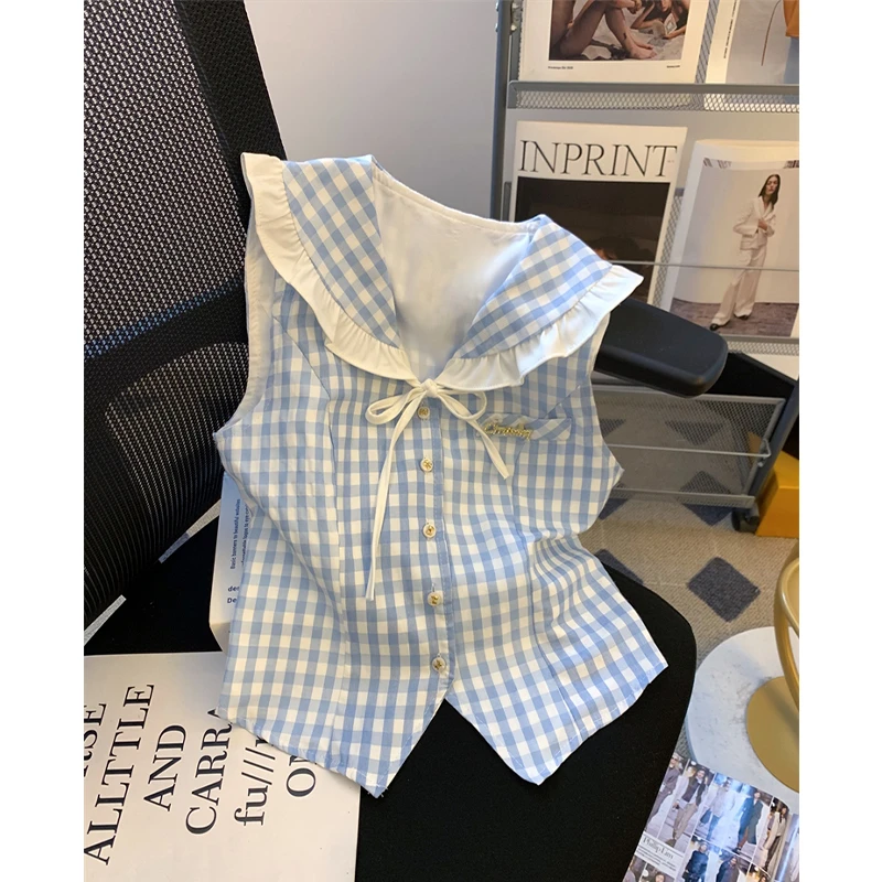 2025夏季新款纯欲小香风领蓝色格子无袖衬衫女甜美系带蝴蝶结上衣
