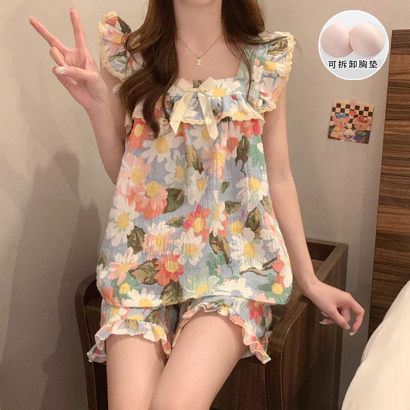 带胸垫睡衣女夏季吊带新款两件套春夏天短袖碎花性感可外穿家居服