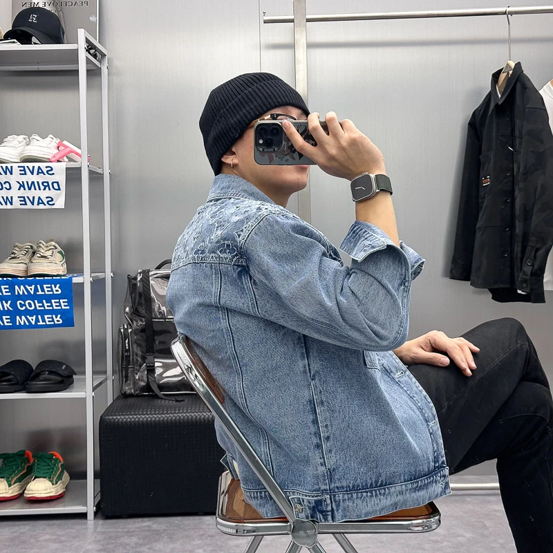 可分期春秋季潮流休闲男生潮水洗牛仔高街牛仔夹克男士时尚外套潮