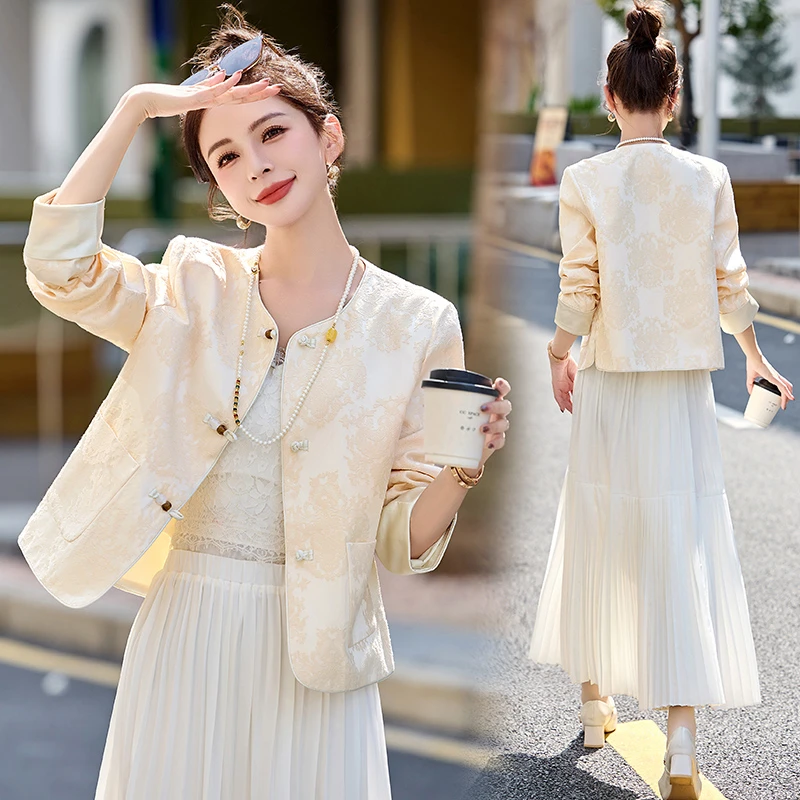 新中式国风提花外套女短款2025春秋新款高级感复古盘扣小个子上衣