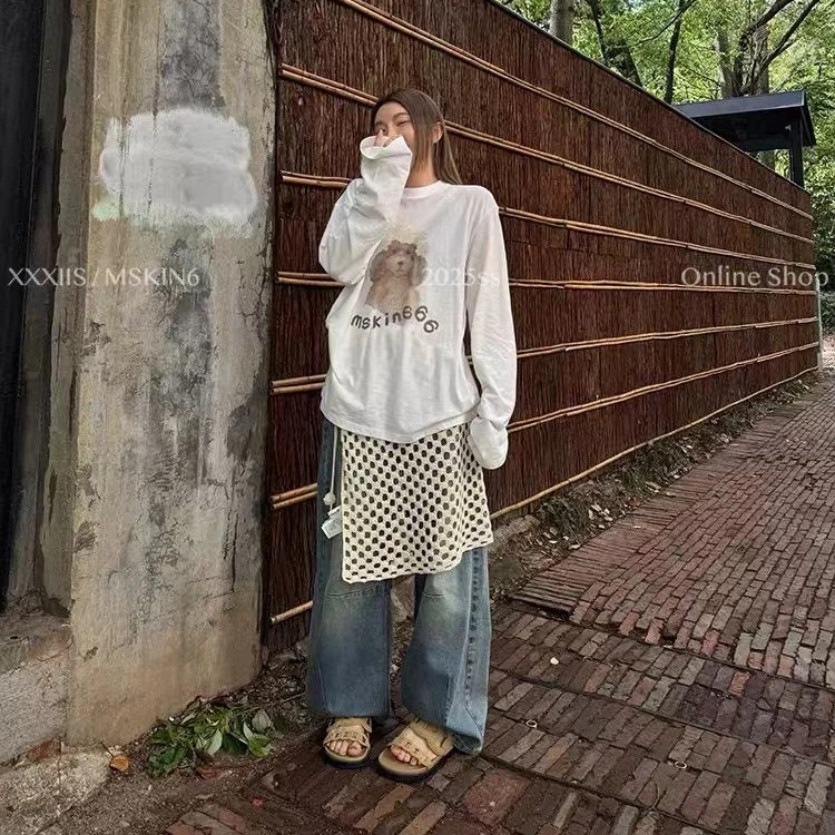Mskin6夏季新款可爱小狗印花宽松休闲百搭长袖T恤女