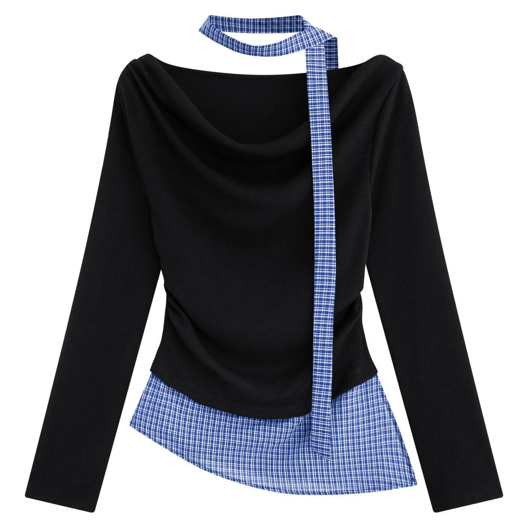 简约假两件格子拼接长袖飘带恤女秋季修身显瘦设计感长袖上衣