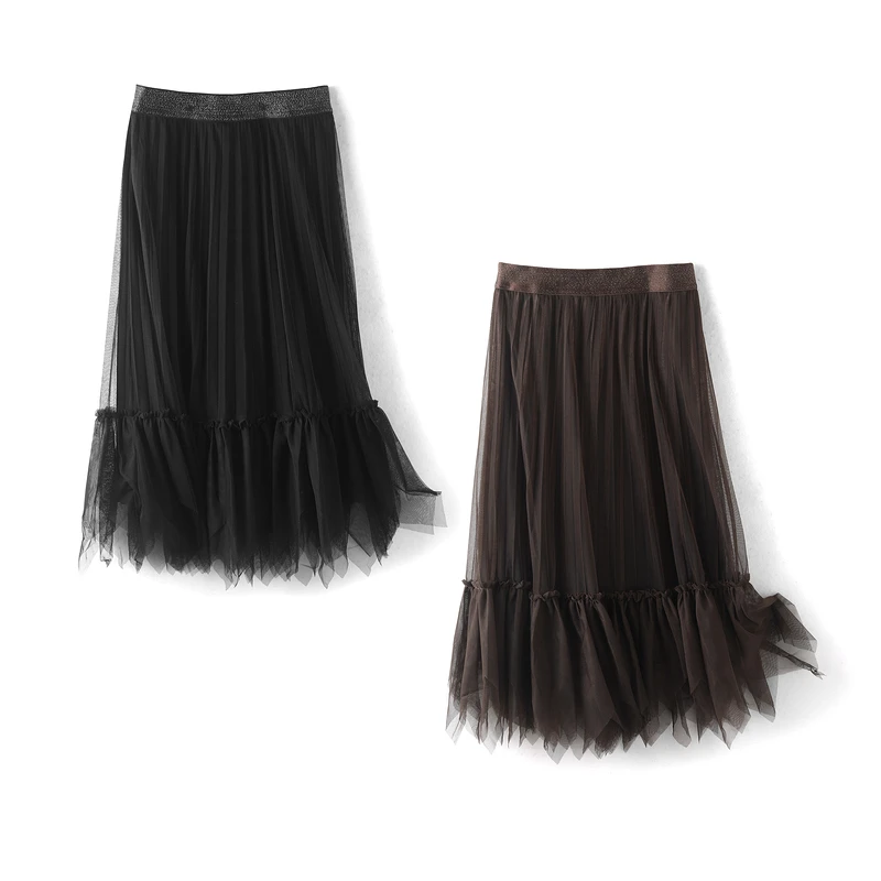 27356【序系列】丝绒网纱中长半身裙219A2036