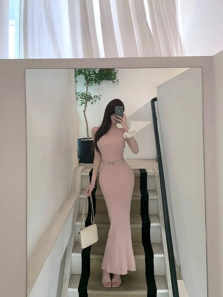 【春桃简裁】粉色针织连衣裙长款纯欲风气质修身包臀裙