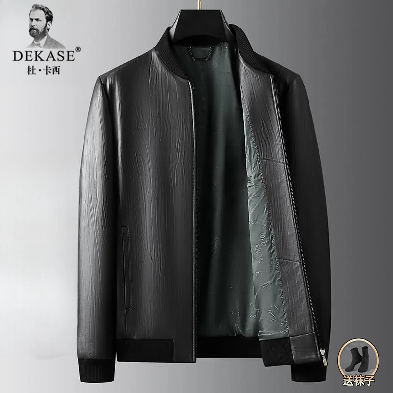 纹理绵羊皮商务男装棒球领皮夹克2025春秋款潮流时尚百搭休闲外套