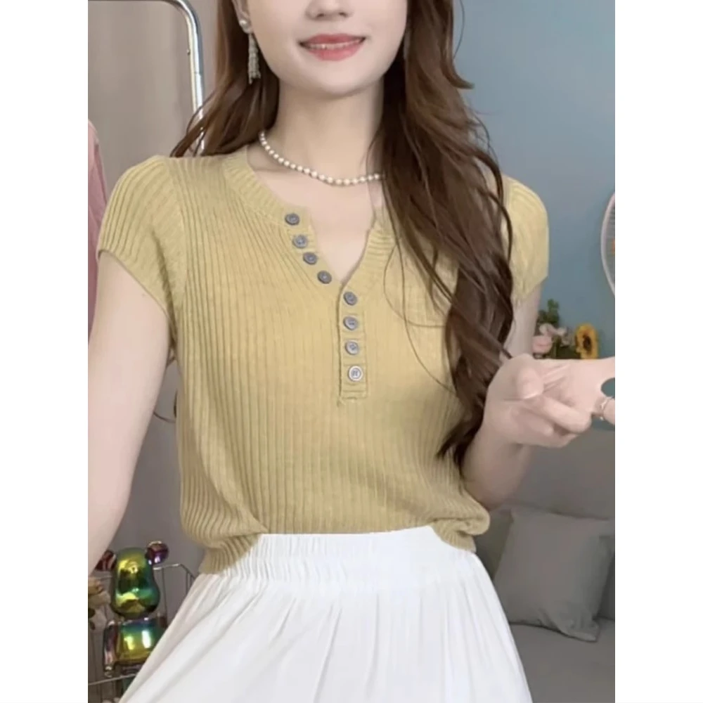 春夏季薄款冰丝针织衫女短袖设计感小众减龄百搭短款正肩t恤上衣