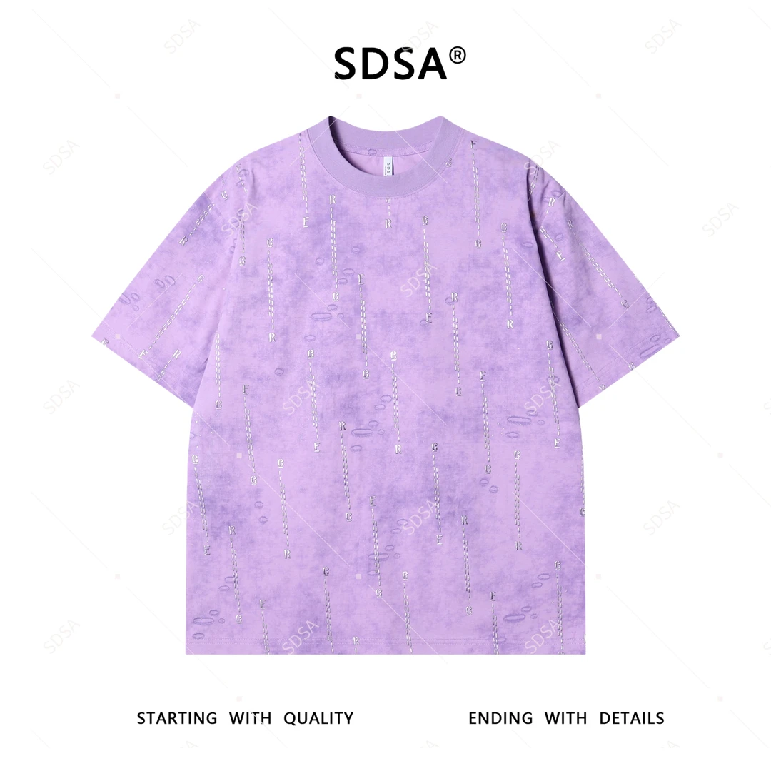 夏季高级感新款男士美式扎染虚线字母印花短袖T恤时尚圆领上衣