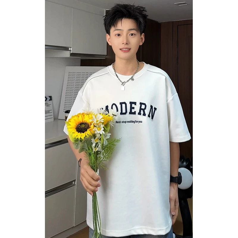 白色抗皱刺绣短袖T恤男生百搭圆领半袖ins港风潮牌宽松体恤衫