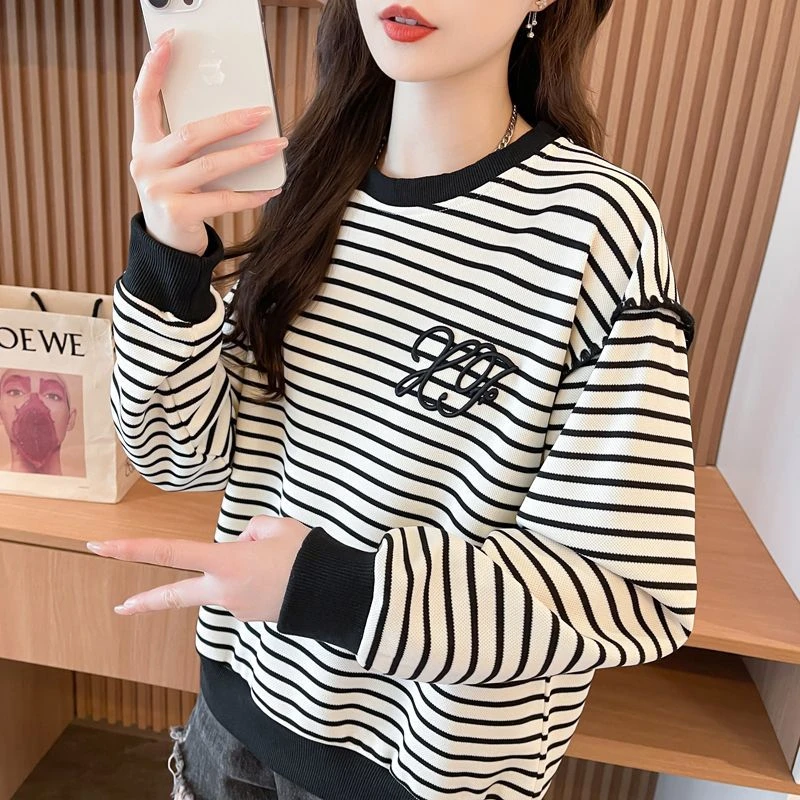 小众设计感条纹薄款长袖卫衣女春秋新款韩版宽松百搭显瘦圆领上衣