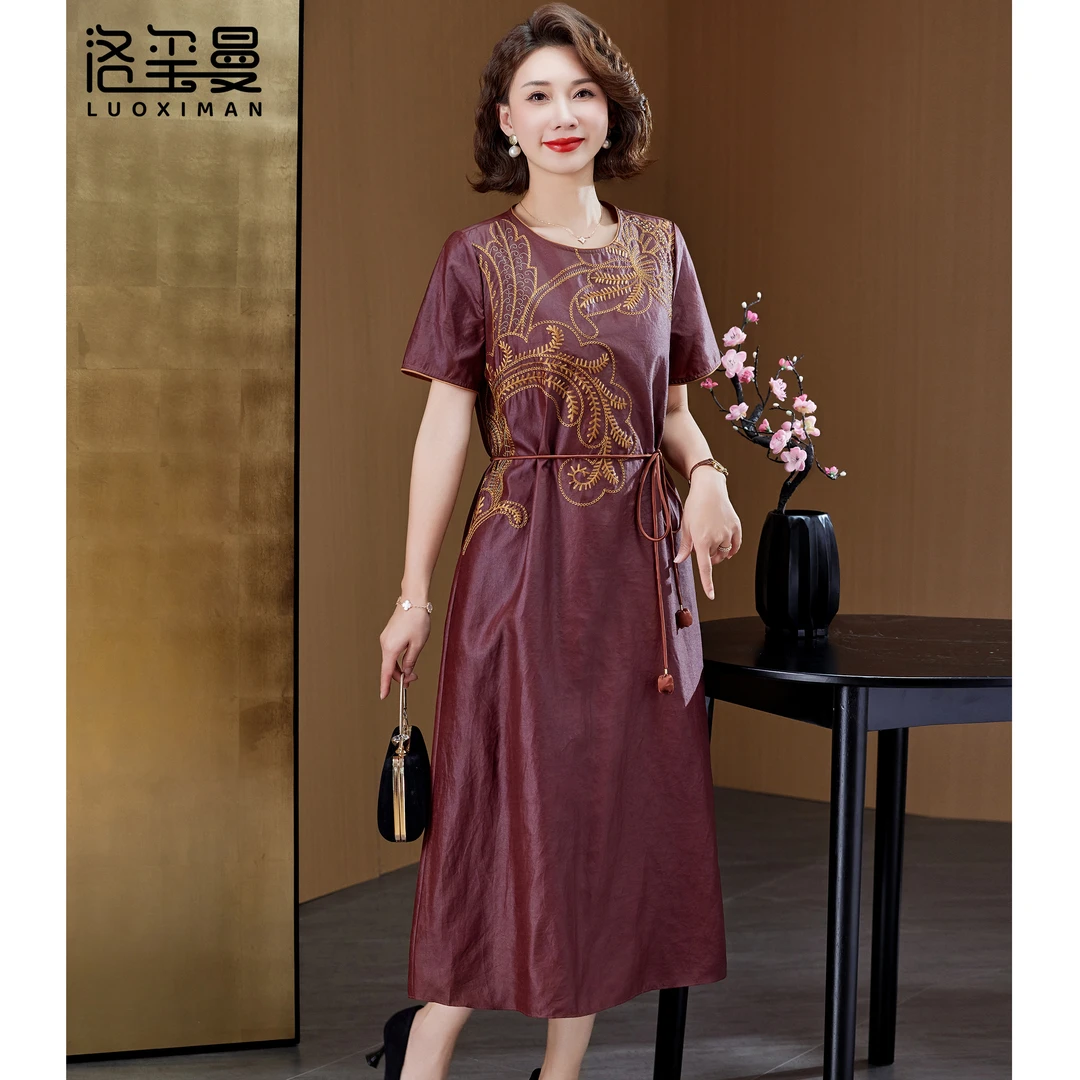 洛玺曼短袖桑蚕丝连衣裙低调优雅中年女装黑色香云纱真丝裙子夏季