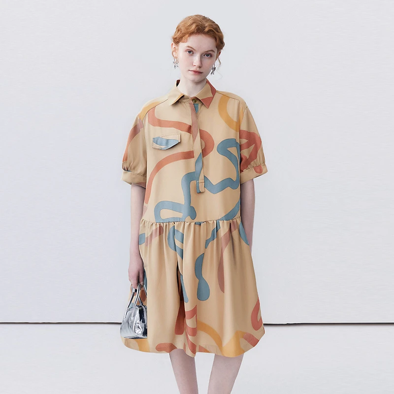 翻领撞色艺术感印花短袖连衣裙女设计感通勤长裙夏季新款