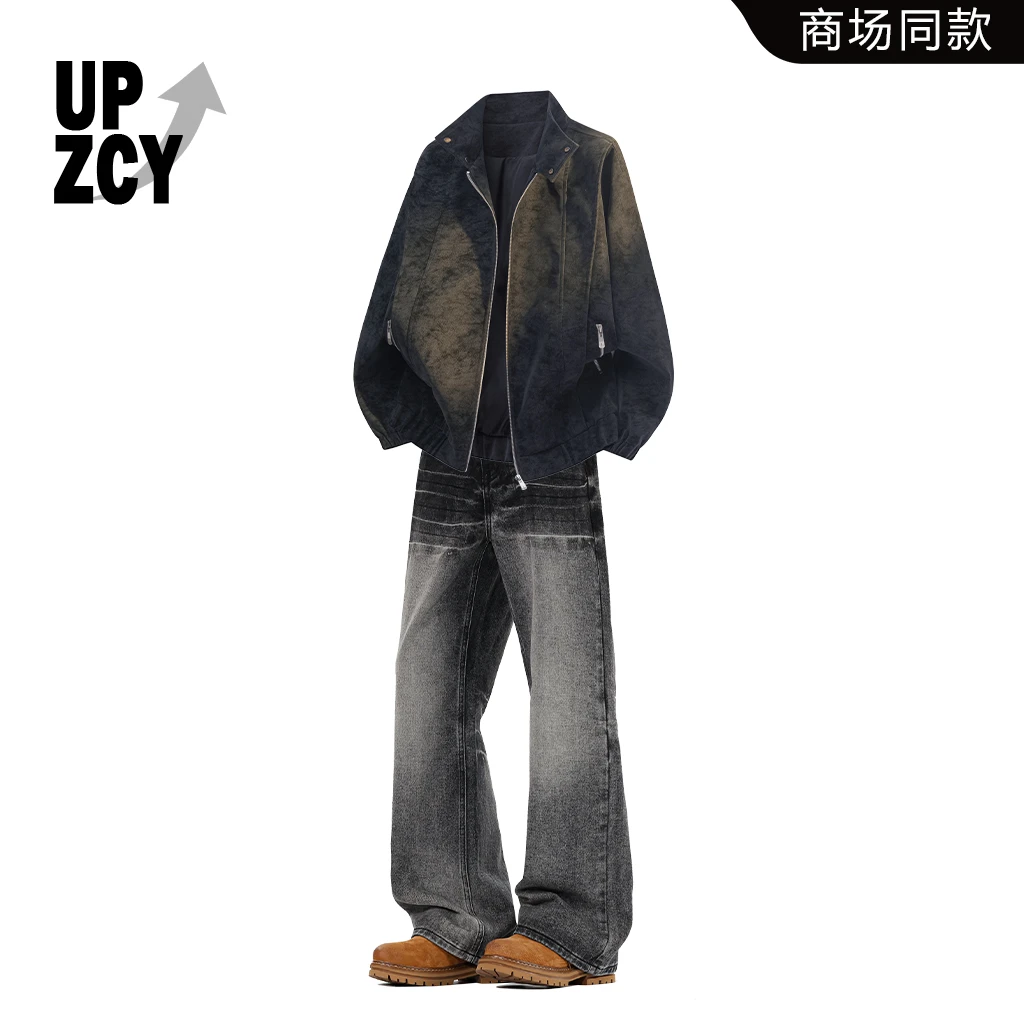 UPZCY美式扎染皮衣夹克套装男秋季宽松休闲痞帅潮流闪电纹牛仔裤
