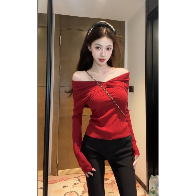 【XIAOBAWANG】落肩袖一字领女针织长袖毛针织衫设计感小众复古显瘦