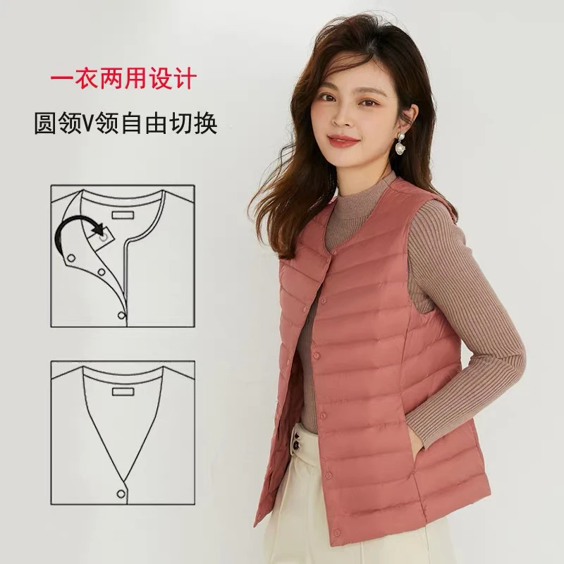 白鸭绒女士轻薄修身保暖短款时尚韩版通勤外穿秋冬季背心圆领轻便