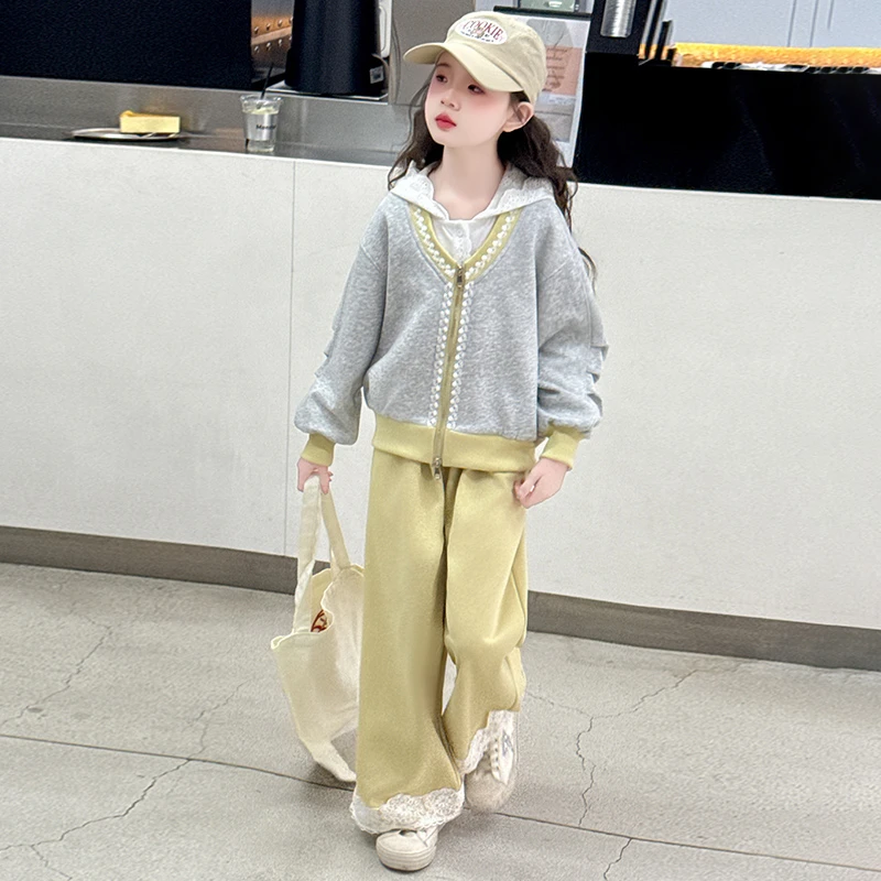 女童春秋款套装2025新款中大童洋气韩范休闲开衫打底阔腿裤三件套