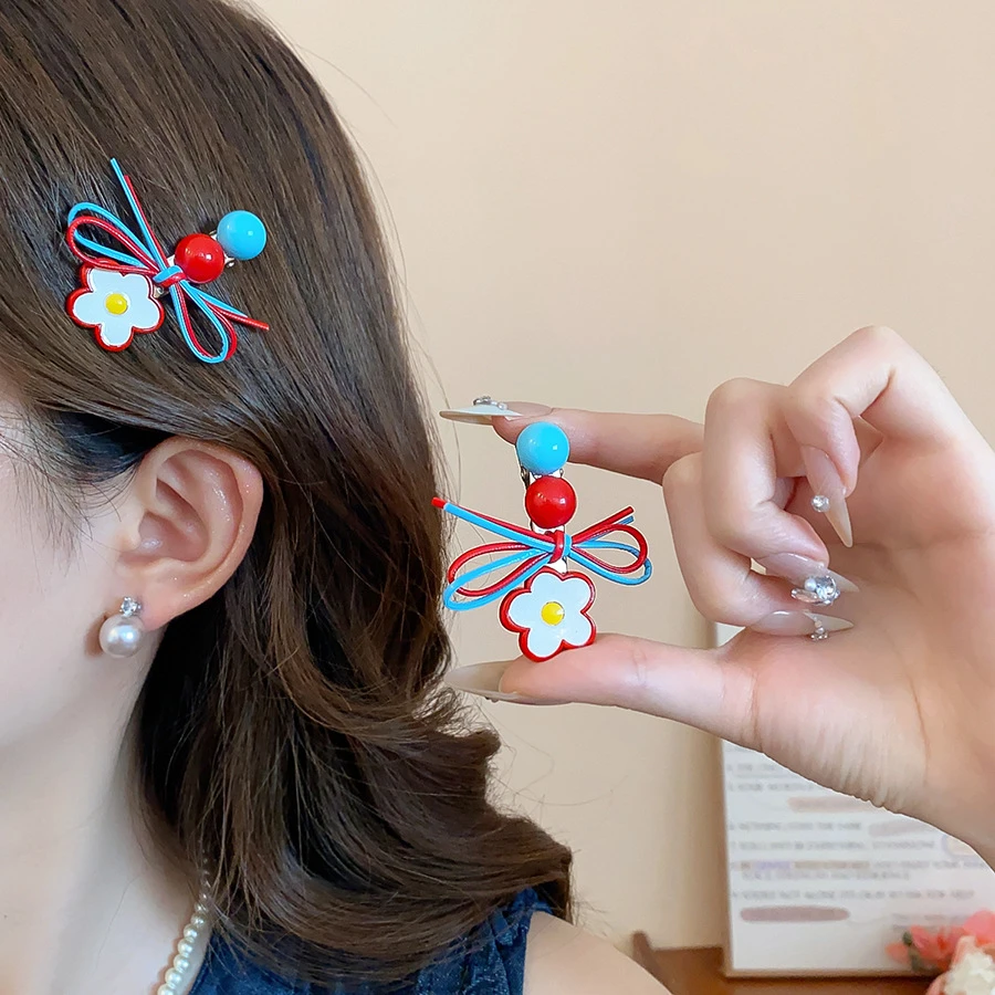 韩系甜美红蓝花朵侧边发夹女2025新款蝴蝶结边夹刘海鸭嘴夹发饰