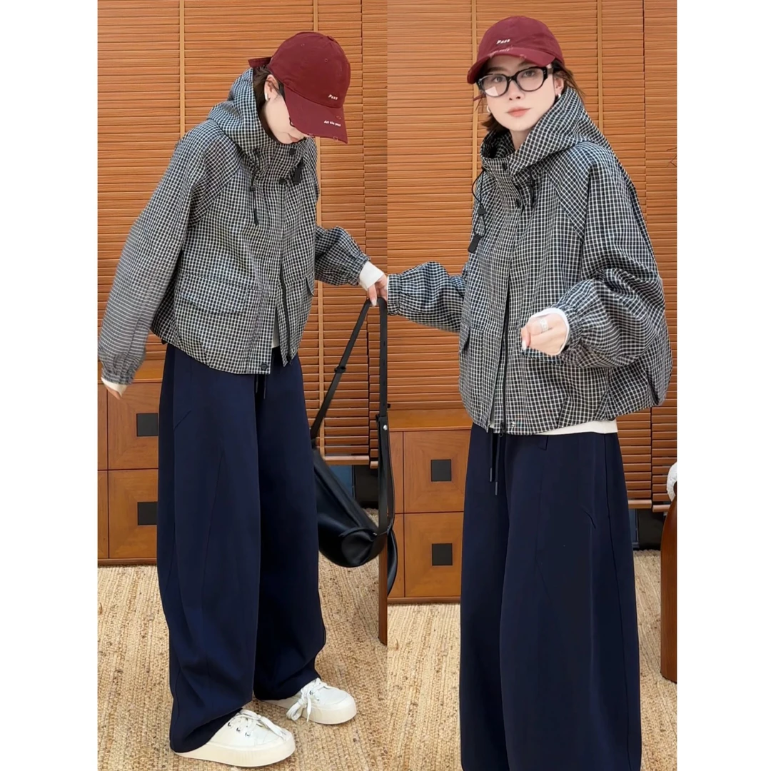 YYOUHAN 2025新款【伦敦黄昏】慵懒风细格纹连帽外套 2508C5222