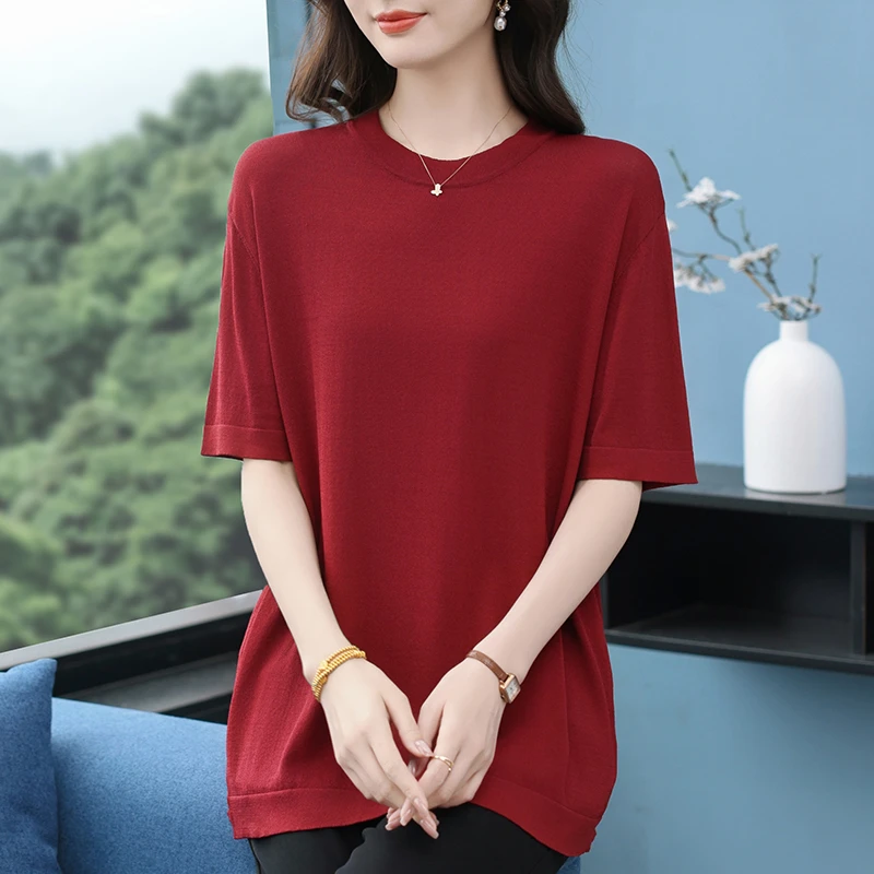 纯色中袖夏季薄款毛针织衫显瘦洋气时尚百搭针织大码女式T恤