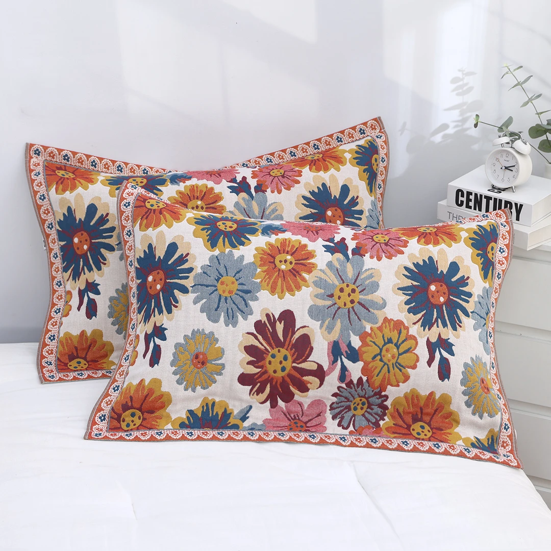 【怒放】全棉纱布枕巾52x78cm一对色织提花纯棉柔软透气枕头巾