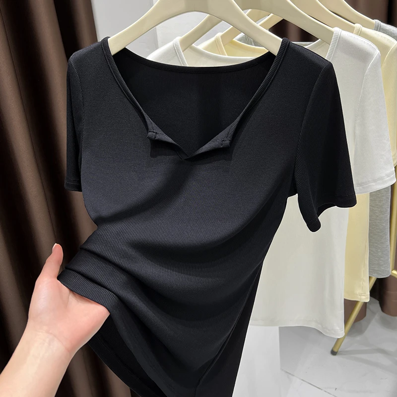 黑色v领修身短袖女t恤2025夏季设计感翻领洋气百搭上衣女打底衫薄