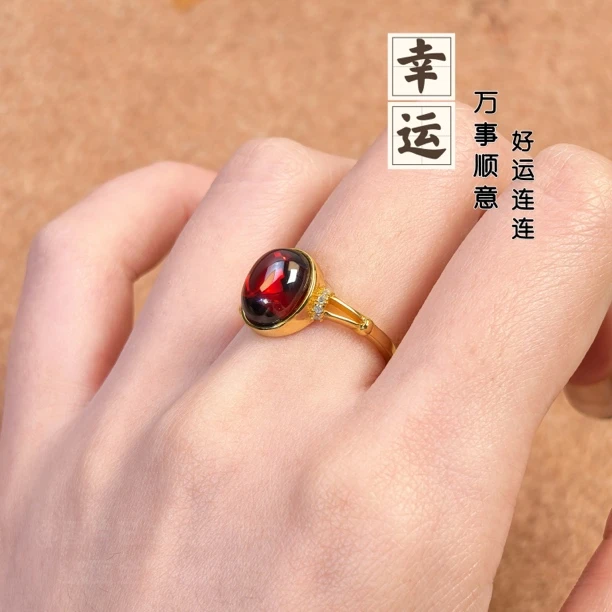 高定[幸运]戒指8×10mm镶嵌人工红色轻奢金色复古时尚活口