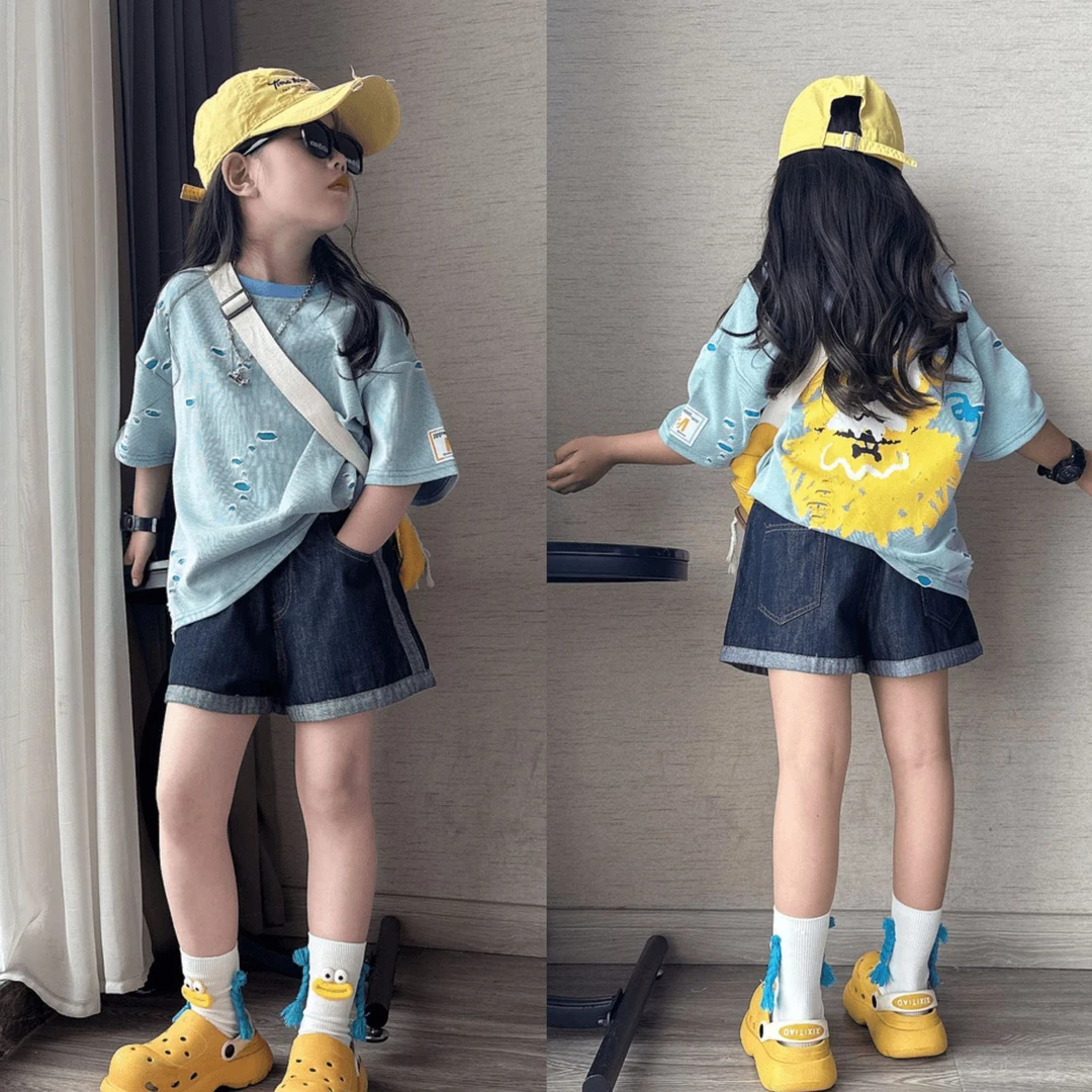 女童夏季套装2025新款韩版潮流破洞短袖T恤中大童宽松牛仔短裤潮