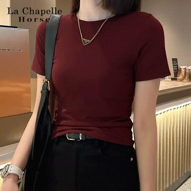酒红色圆领短袖T恤女夏季2024新款韩版纯色修身显瘦上衣正肩体恤