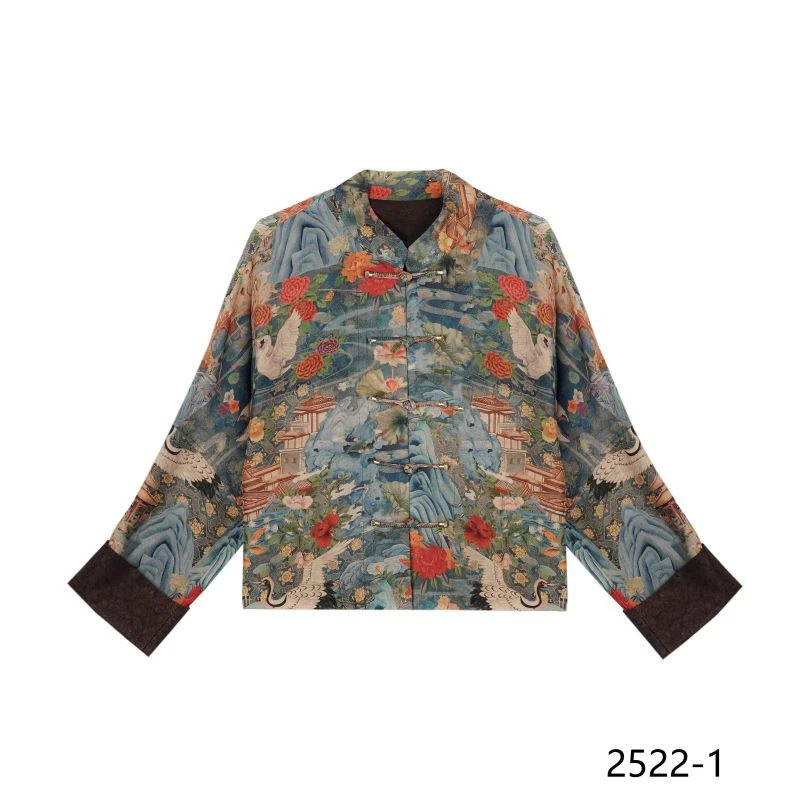 XY2025春夏新款山色斑斓仙鹤舞冠乐绉立领盘扣提花外套2522-1