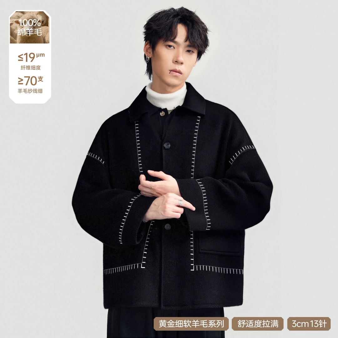 HERBEL/100%绵羊毛呢内胆款休闲双面男士短款明线外套宽松秋冬
