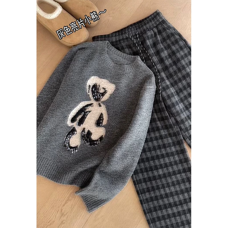 【丹姐家~灰色亮片小熊】2025秋冬新款长袖圆领针织衫女