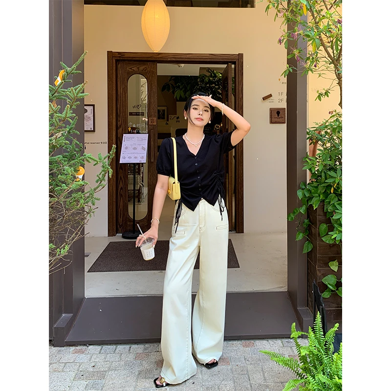 QC李潇洒微胖大码复古重工米色阔腿牛仔裤夏高腰休闲显瘦拖地裤