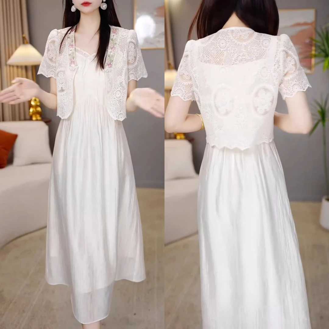时尚优雅设计感套裙2025夏季新款蕾丝拼接小开衫+V领吊带裙两件套
