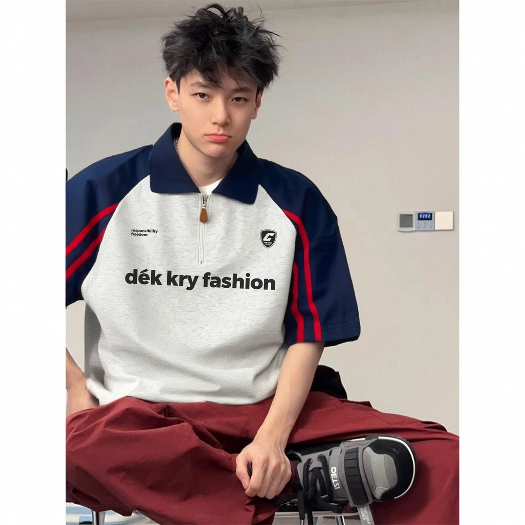 美式半拉链polo翻领衫潮牌字母印花夏季纯棉短袖男Polo休闲上衣