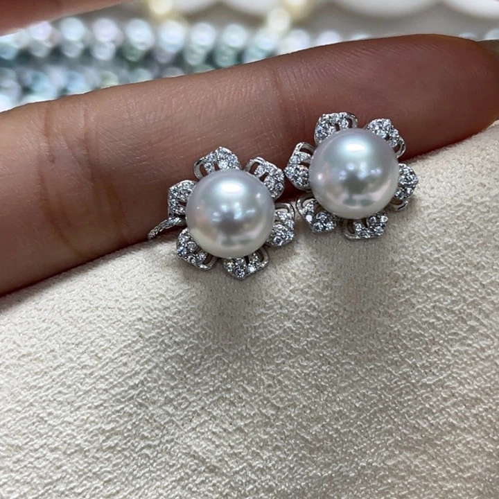 银S925镶嵌耳饰海水珍珠8-9mm24号