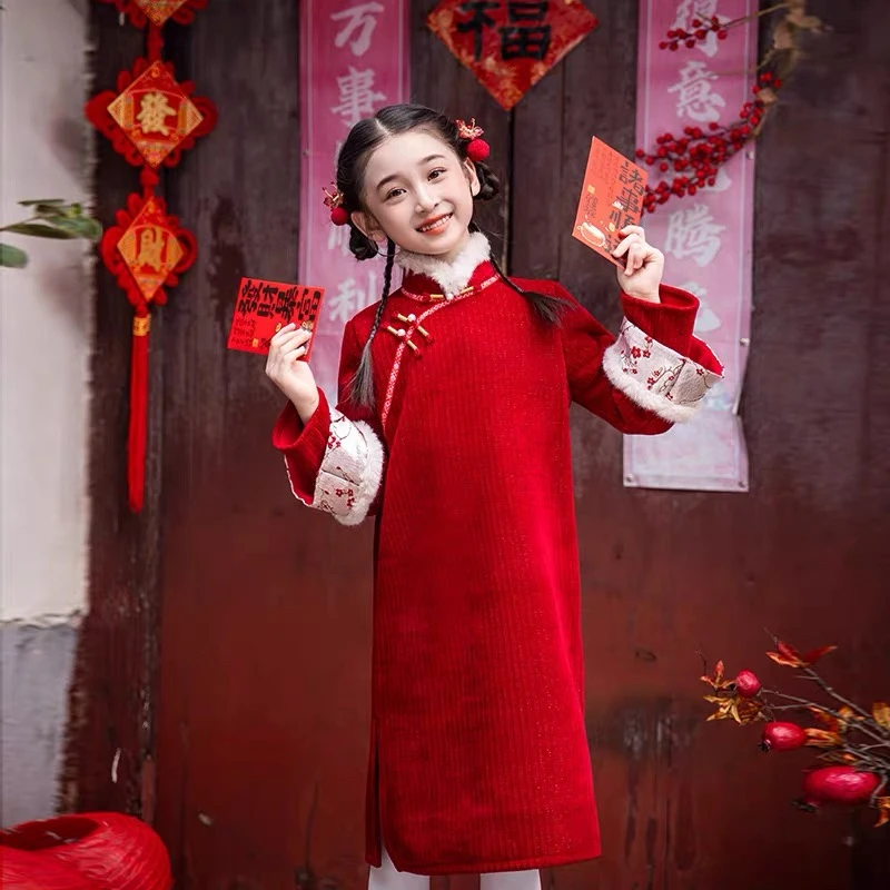 红色拜年服旗袍女童国风2025新款冬季加绒保暖新年装儿童连衣裙