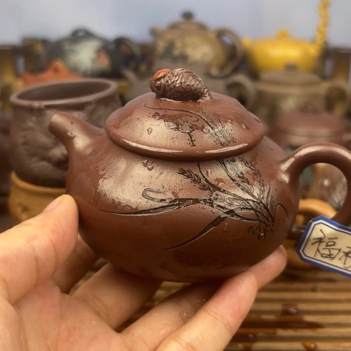 茶壶紫砂鸿运当头原矿老紫泥170c