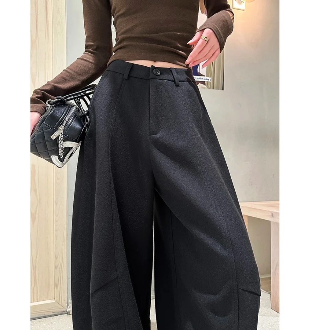 【现货+运费险】秋冬新款毛呢阔腿弯刀裤厚款慵懒风休闲裤女裤子