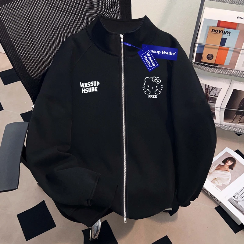 WASSUP HSUBE小众潮流百搭ins重磅卫衣秋冬季开衫立领棒球外套潮