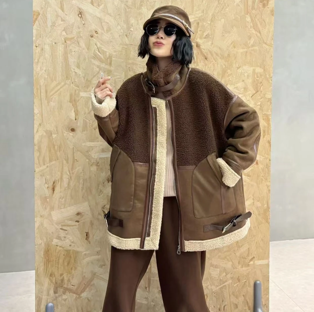 奇奇家时尚韩版大码女装2025冬季新款个性拼接保暖开衫外套