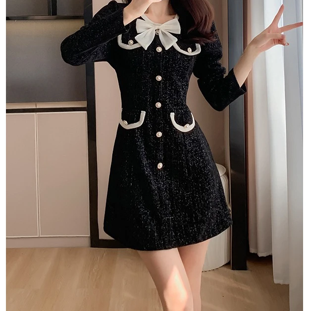 秋冬新款时尚修身甜美蝴蝶结胸花小香风气质连衣裙长袖名媛设计感