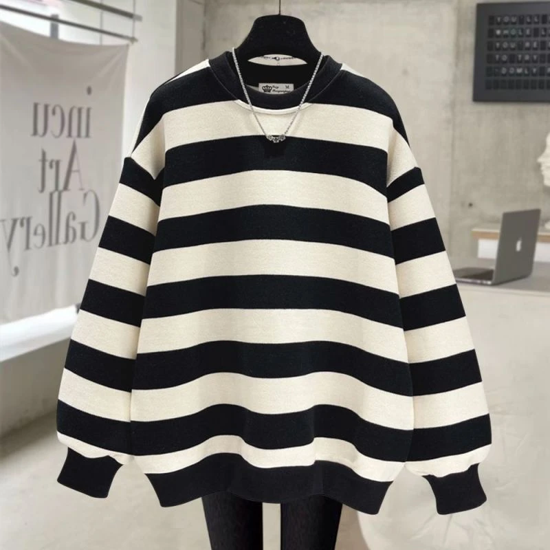 纯色条纹圆领卫衣女2025春秋冬宽松慵懒风加绒加厚中长款遮屁股潮