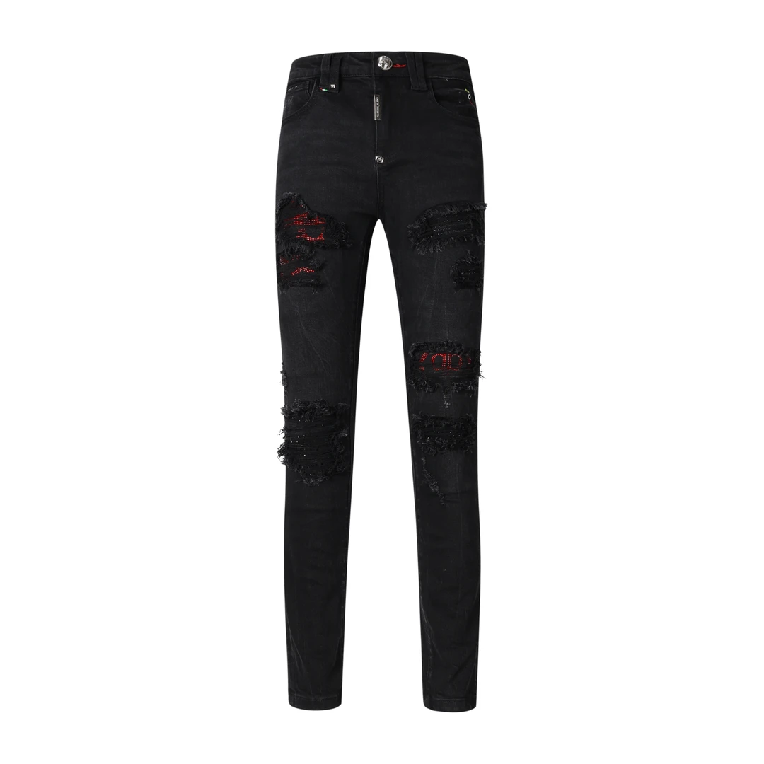 冬季新款美式红钻骷髅头男士高端牛仔裤黑色直筒裤子