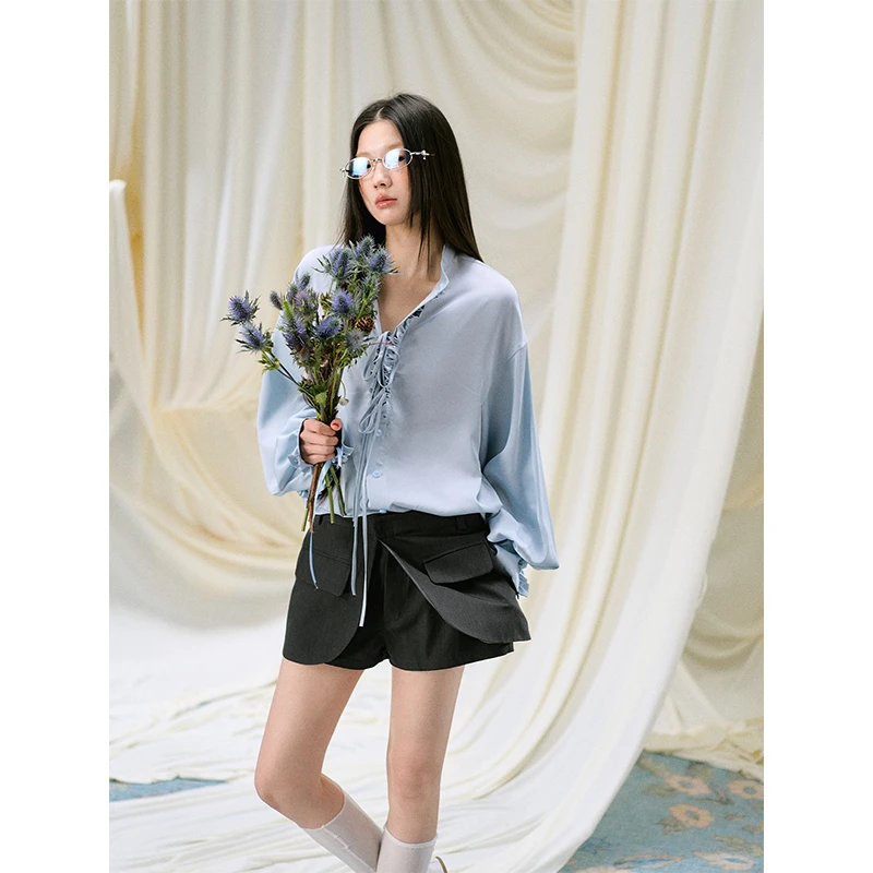 【LaluneDuCiel】LLDC法式浪漫气质木耳边绑带衬衫女LSCS00699