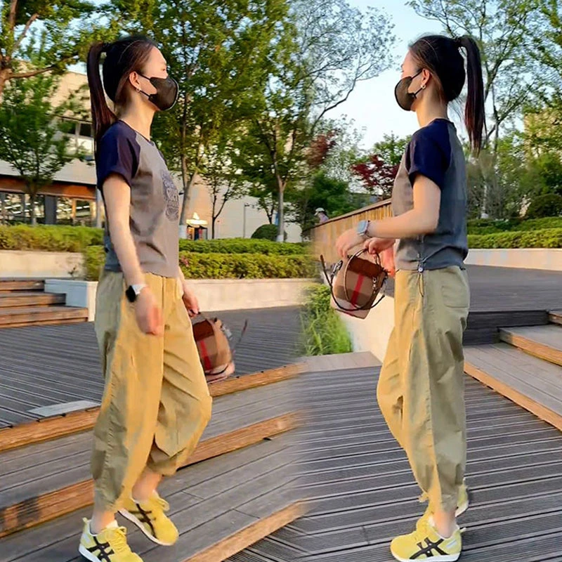 韩系撞色拼色短袖T恤女2025夏季新款小个子百搭显瘦九分休闲裤子