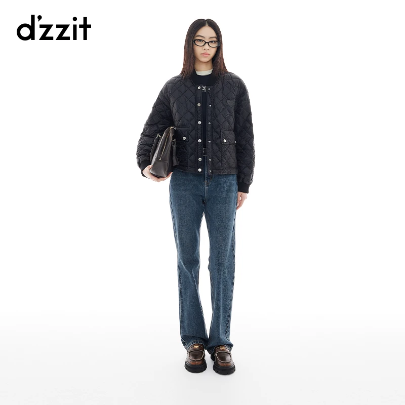 dzzit地素羽绒服冬季时髦棒球领菱形格轻薄夹克外套女3I4K223