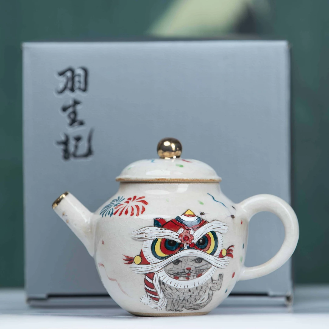 手绘冰裂开片醒狮小猫系列小壶压手杯泡茶壶线条优美傳承創新