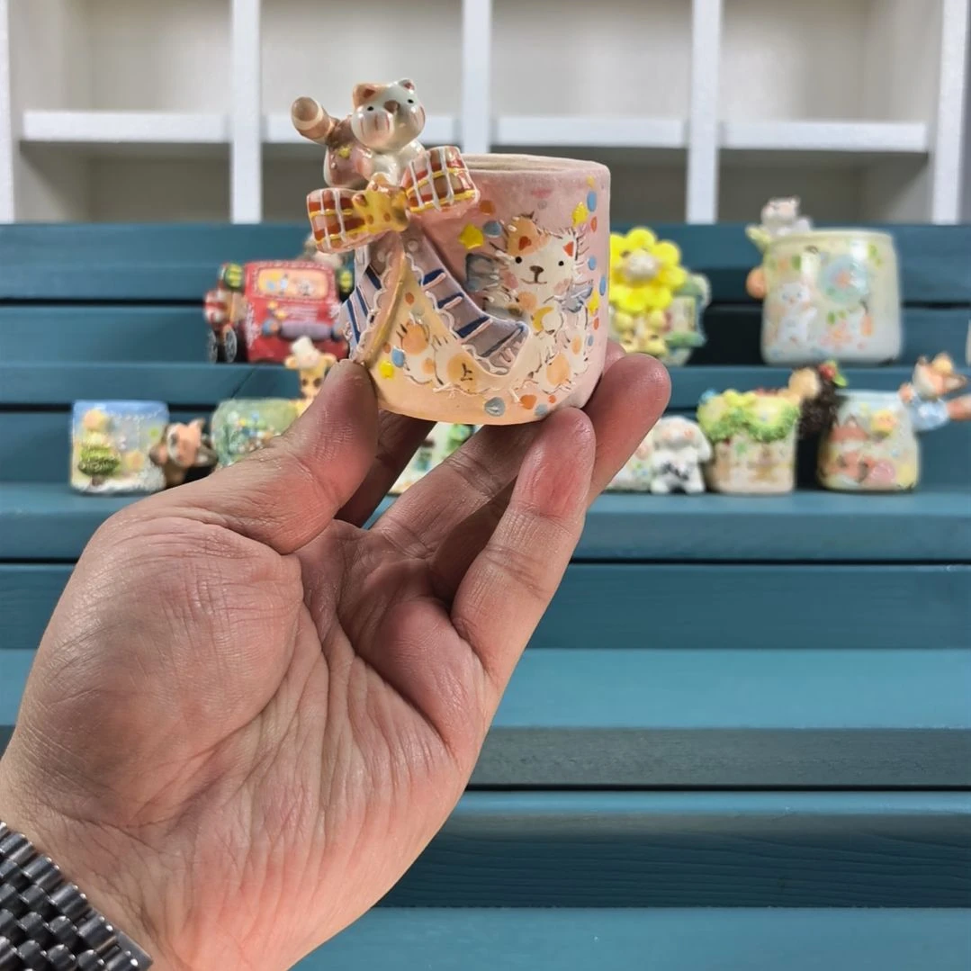 蝴蝶结小猫 手绘多肉花盆